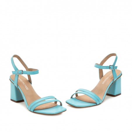 Ankle Block Heel Sandals in Sky Blue Leather Ankle Block Heel Sandals in Sky Blue Leather