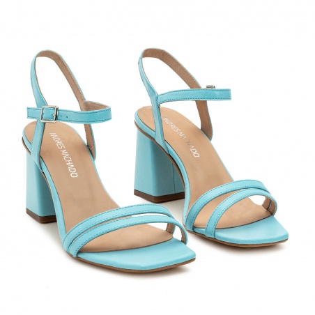 Ankle Block Heel Sandals in Sky Blue Leather Ankle Block Heel Sandals in Sky Blue Leather