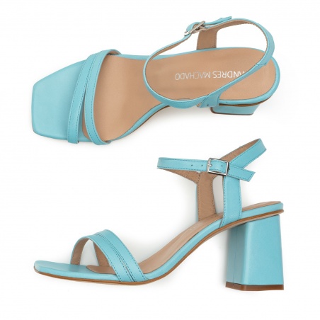 Ankle Block Heel Sandals in Sky Blue Leather Ankle Block Heel Sandals in Sky Blue Leather