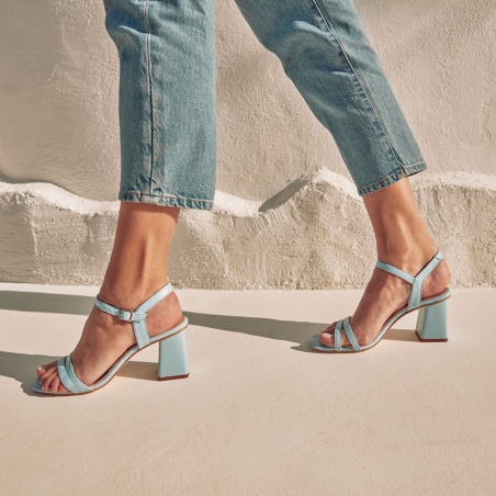 Ankle Block Heel Sandals in Sky Blue Leather Ankle Block Heel Sandals in Sky Blue Leather